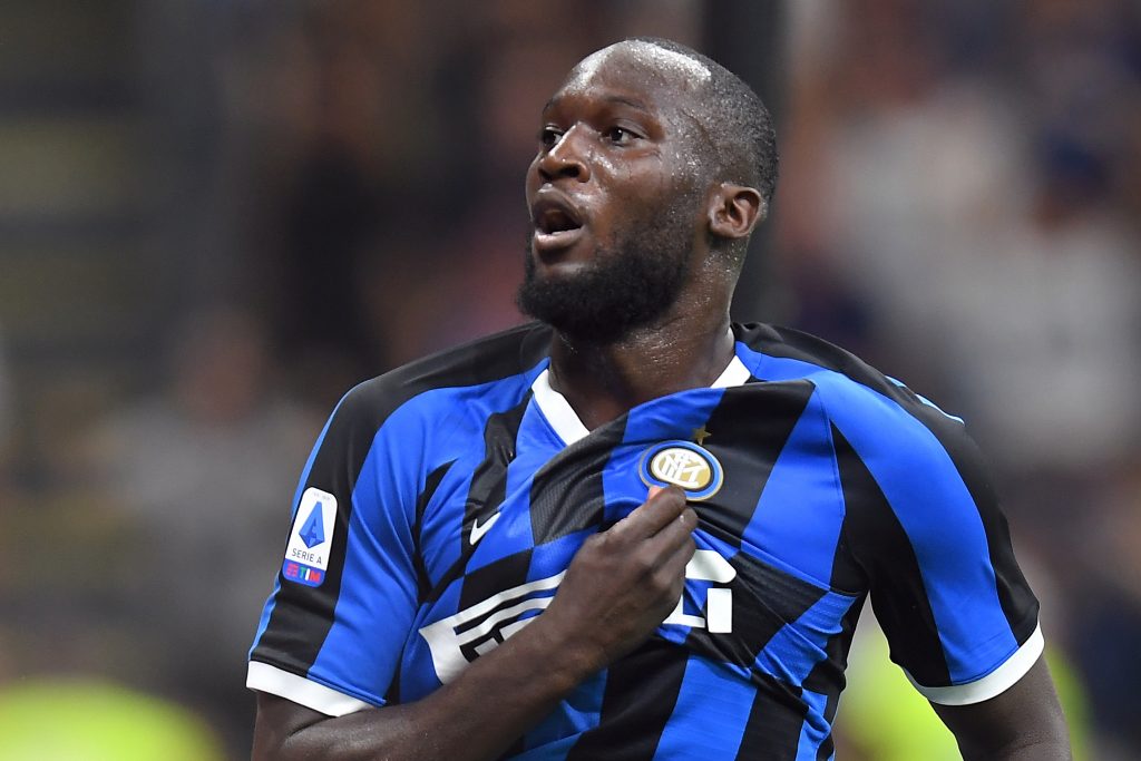 Inter Milan's Romelu Lukaku celebrates scoring their third goal.