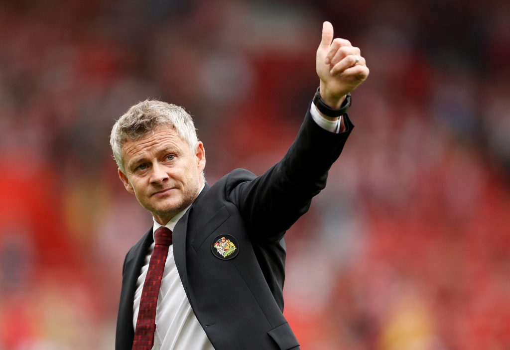 Manchester United manager Ole Gunnar Solskjaer gestures after the match.