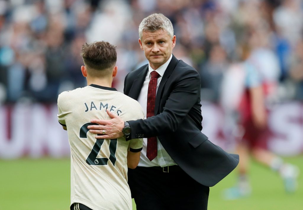 Manchester United's Daniel James and manager Ole Gunnar Solskjaer after the match.