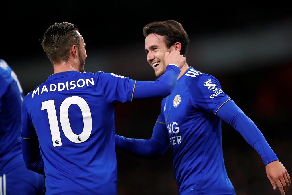Leicester City's Ben Chilwell celebrates scoring their first goal with James Maddison.