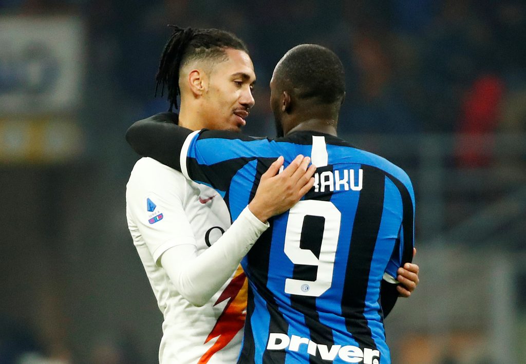AS Roma's Chris Smalling with Inter Milan's Romelu Lukaku after the match.