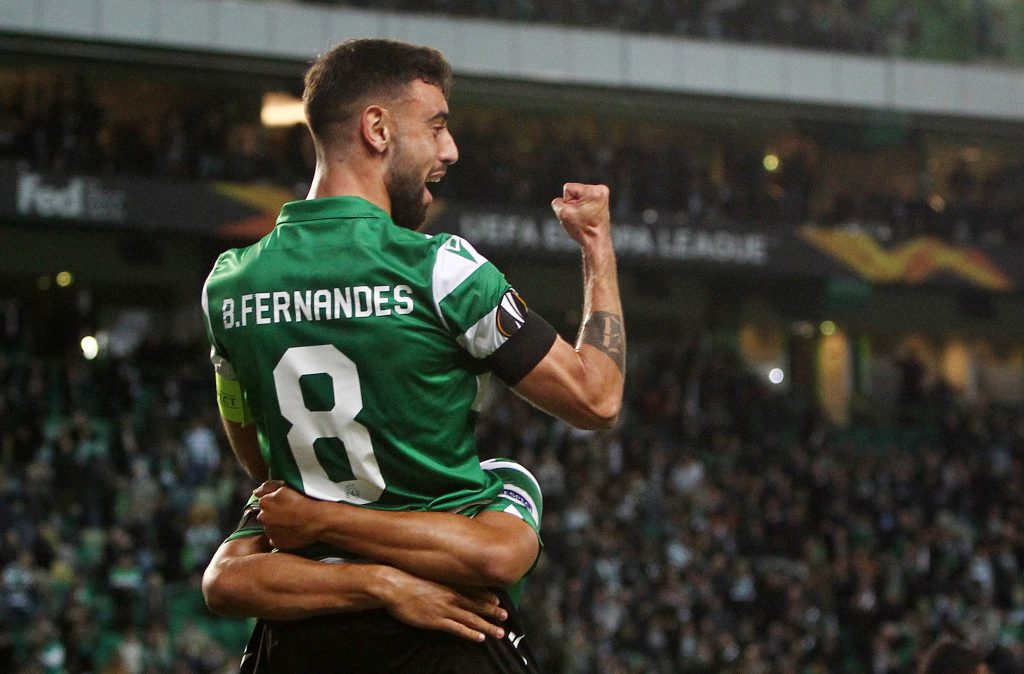 Sporting's Luiz Phellype celebrates scoring their first goal with Bruno Fernandes.