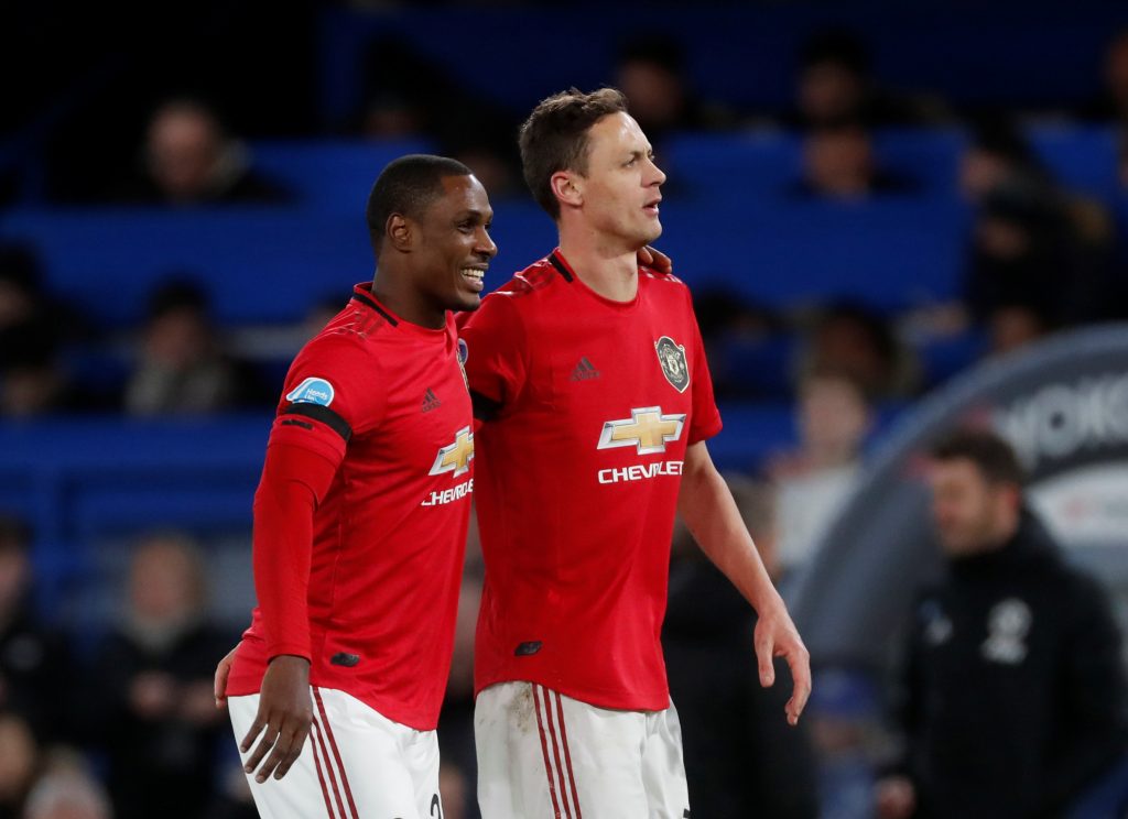 Manchester United's Odion Ighalo and Nemanja Matic celebrate after the match.