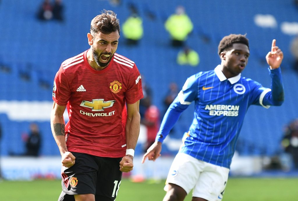 Man Utd's Bruno Fernandes celebrates scoring their third goal.