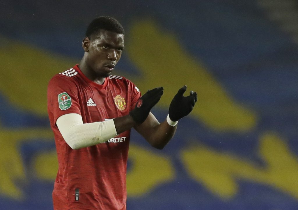 Manchester United's Paul Pogba celebrates scoring their third goal.
