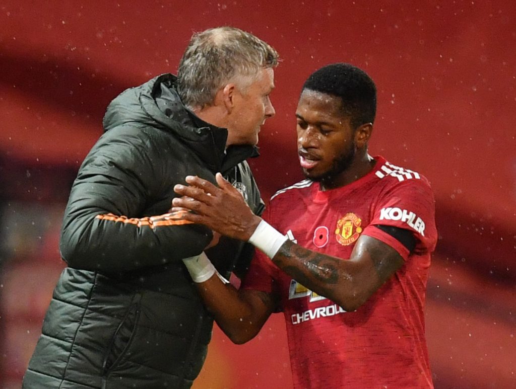 Manchester United's Fred with manager Ole Gunnar Solskjaer.