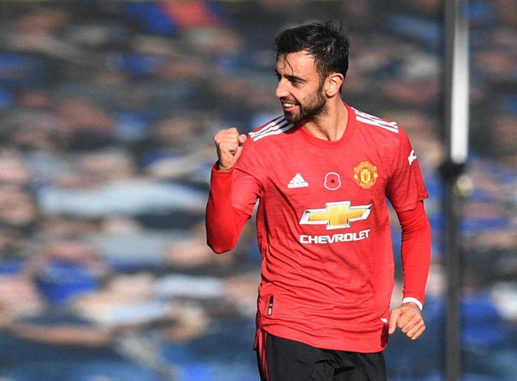 Manchester United's Bruno Fernandes celebrates scoring their first goal.