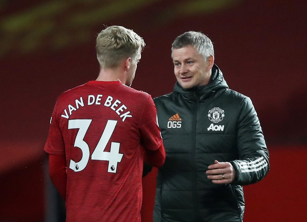 Man Utd manager Ole Gunnar Solskjaer and Donny van de Beek celebrate at the end of the match.