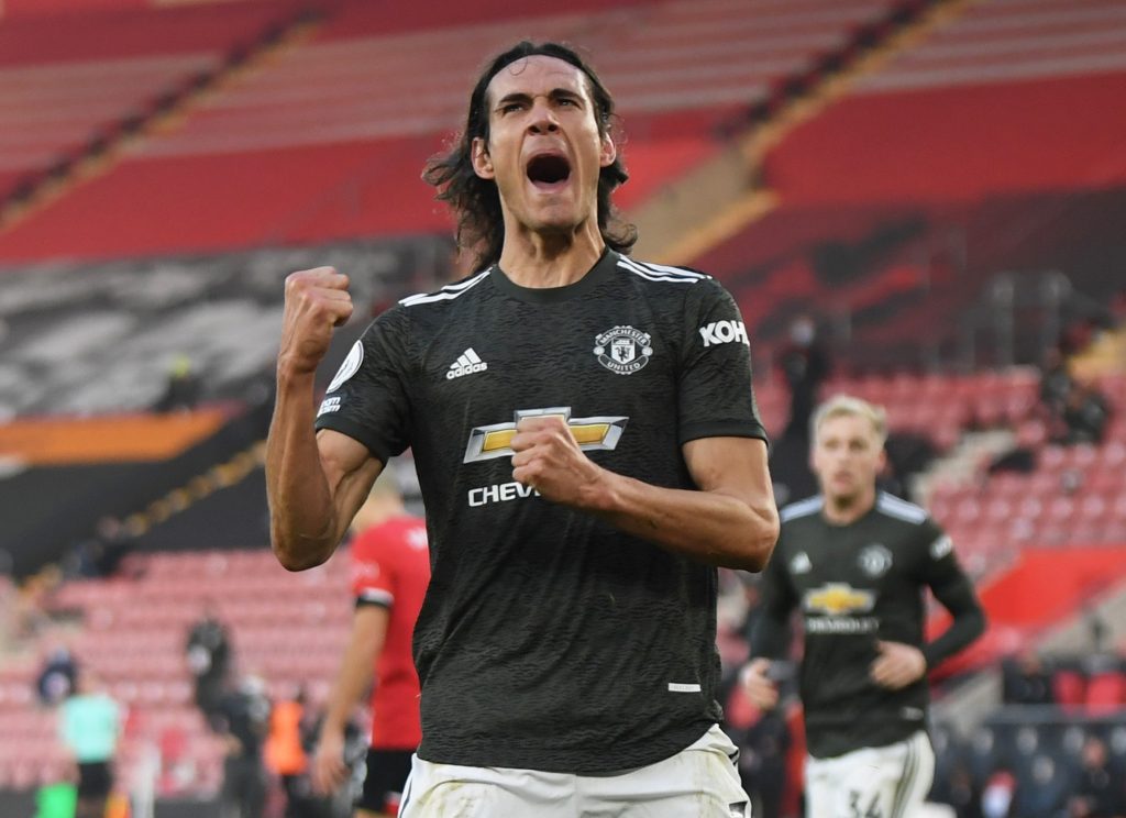 Manchester United's Edinson Cavani celebrates scoring their second goal.