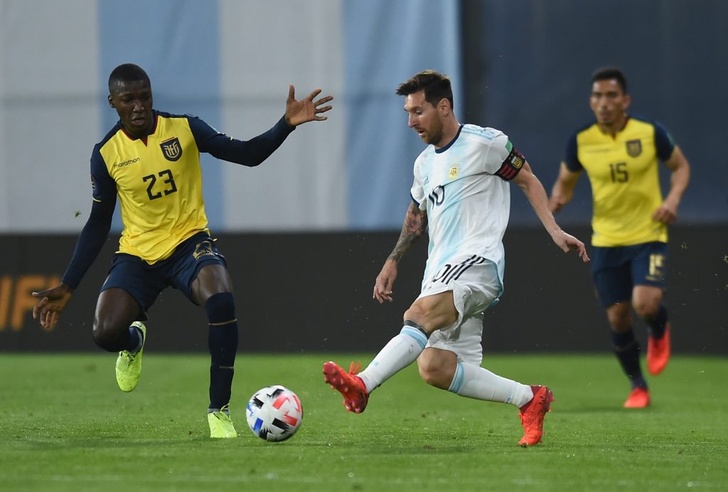 Argentina's Lionel Messi in action with Ecuador's Moises Caicedo.