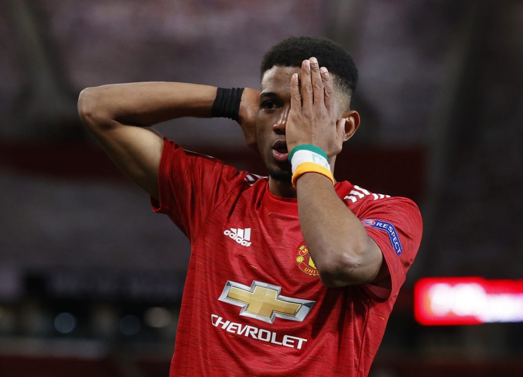 Manchester United's Amad Diallo celebrates scoring their first goal.