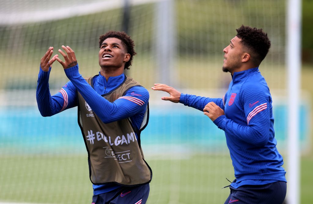 England's Marcus Rashford and Jadon Sancho during training.