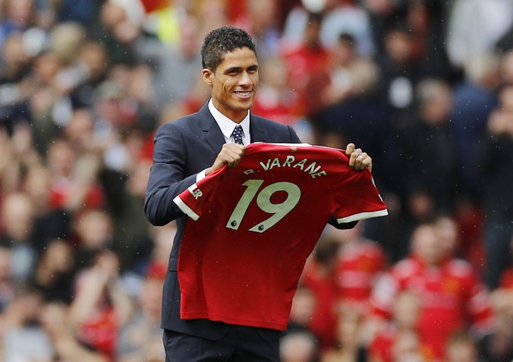 Manchester United's Raphael Varane is presented to fans before the match.