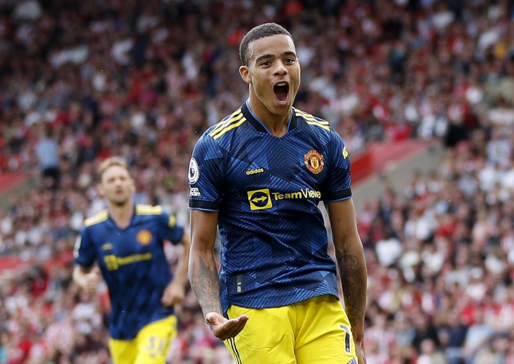 Manchester United's Mason Greenwood celebrates scoring their first goal against Southampton.