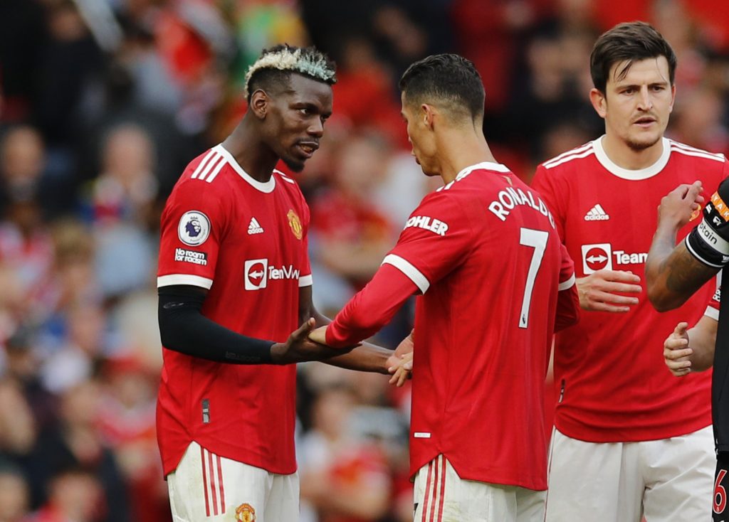 Manchester United's Cristiano Ronaldo and Paul Pogba celebrate after the match.