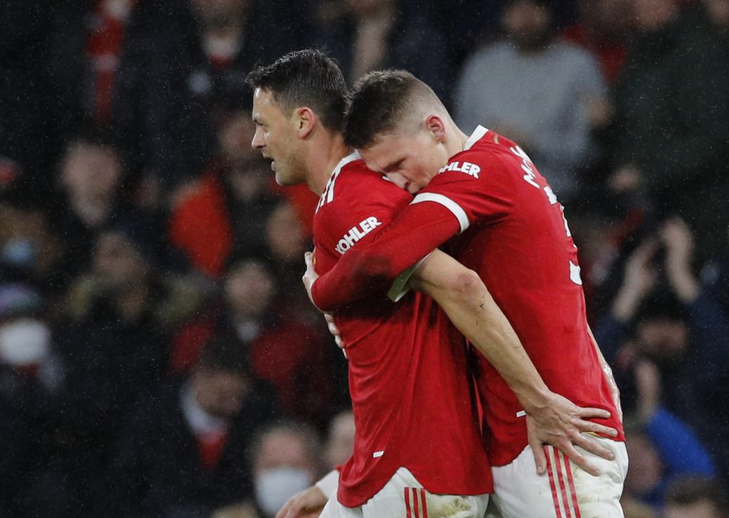 Manchester United's Scott McTominay celebrates scoring their first goal with Nemanja Matic.