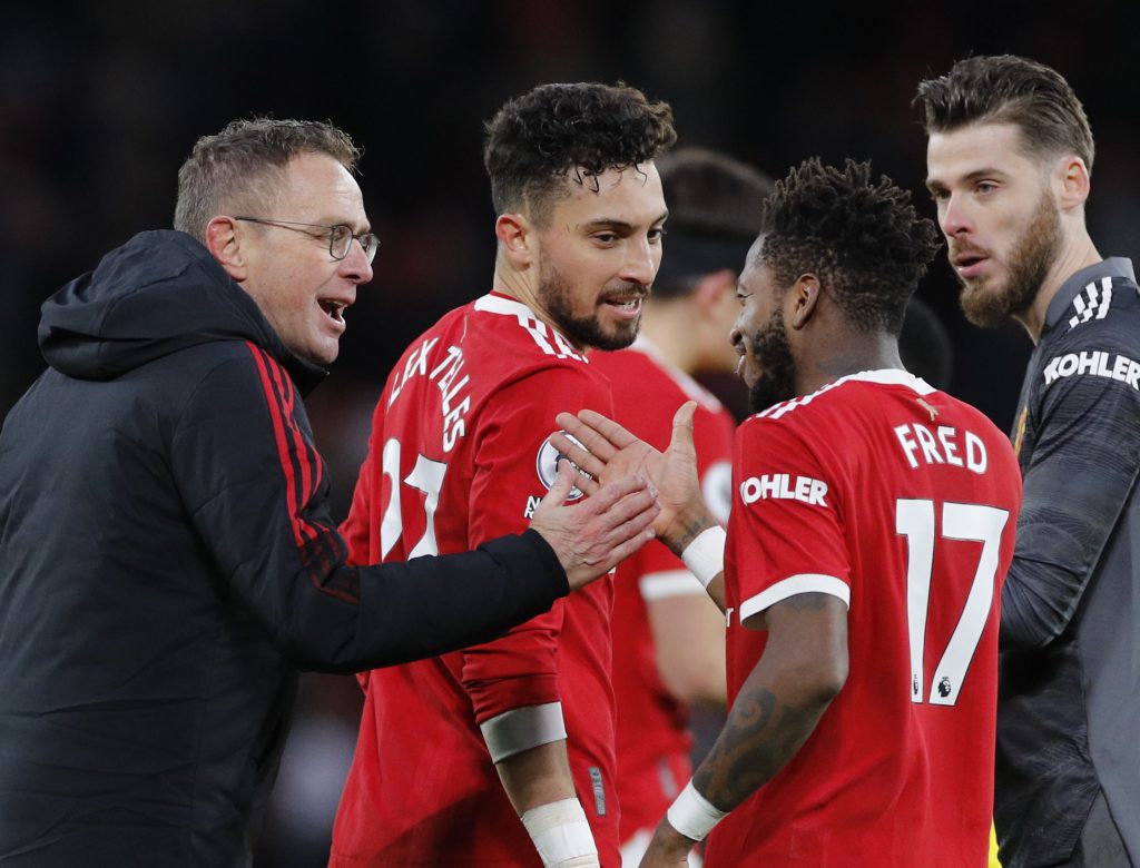 Manchester United interim manager Ralf Rangnick and Fred celebrate after the match.