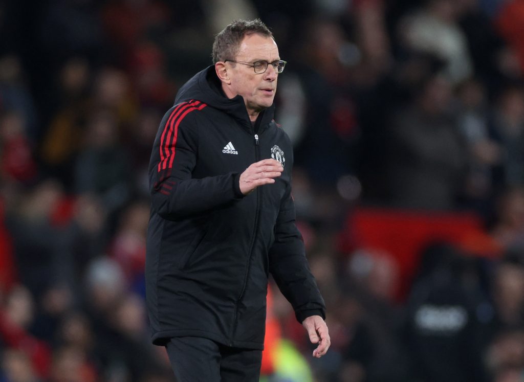 Manchester United interim manager Ralf Rangnick celebrates after the match against Aston Villa.