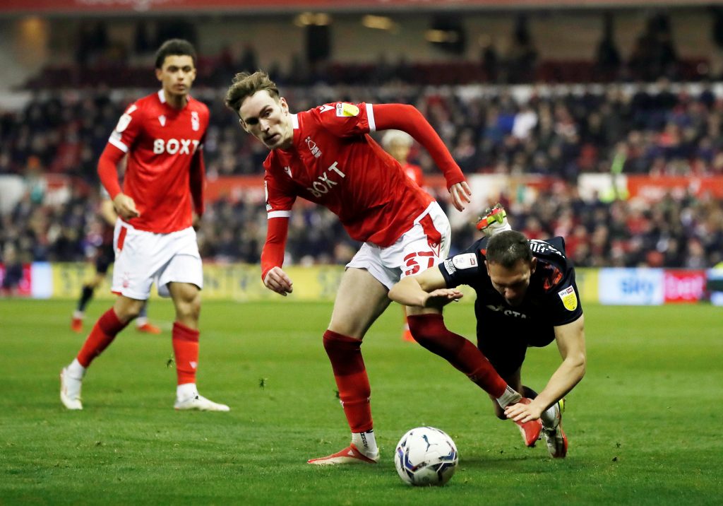 Nottingham Forest's James Garner in action with Luton Town's Kal Naismith.