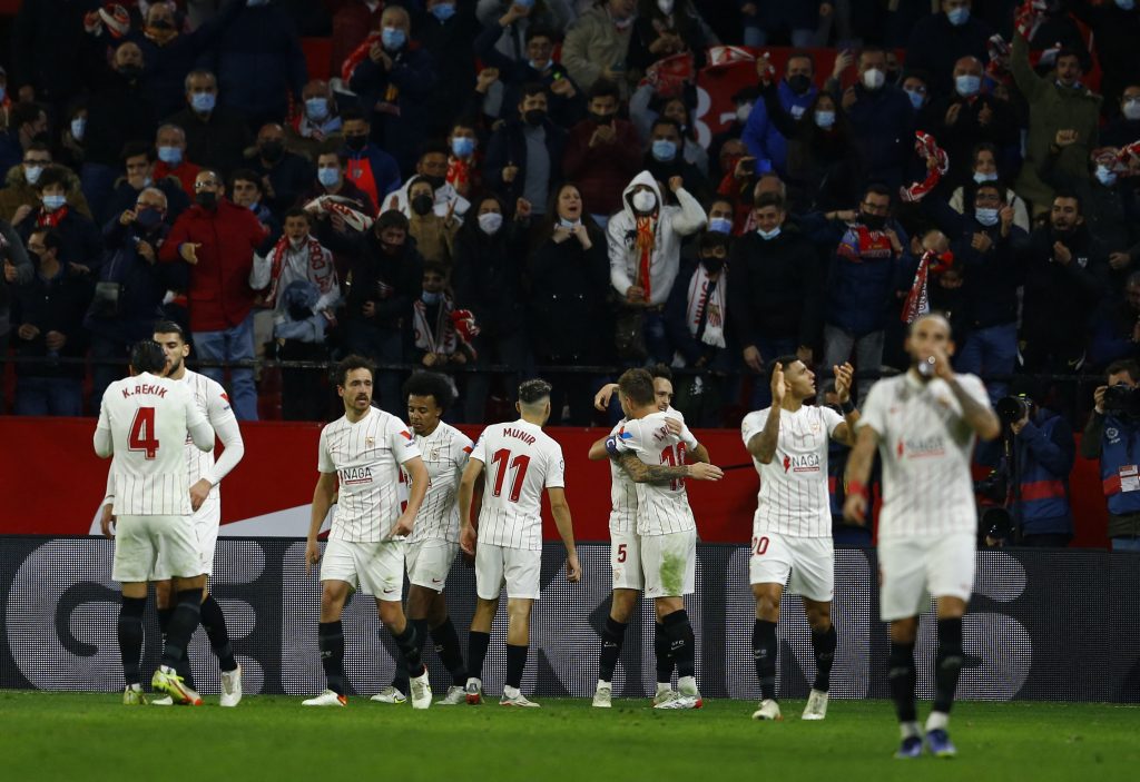 Sevilla's Lucas Ocampos celebrates scoring their second goal.
