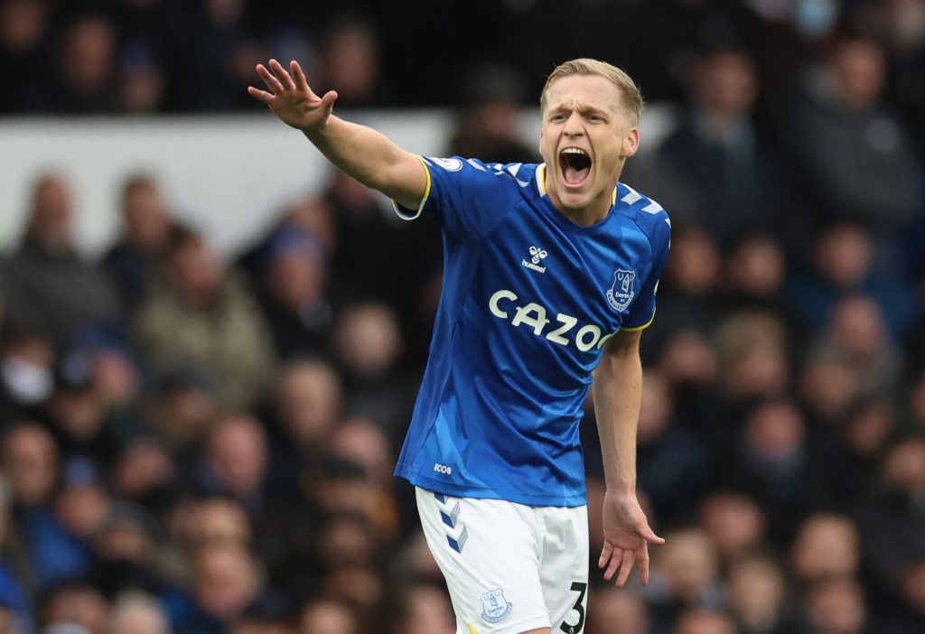 Everton's Donny van de Beek reacts.