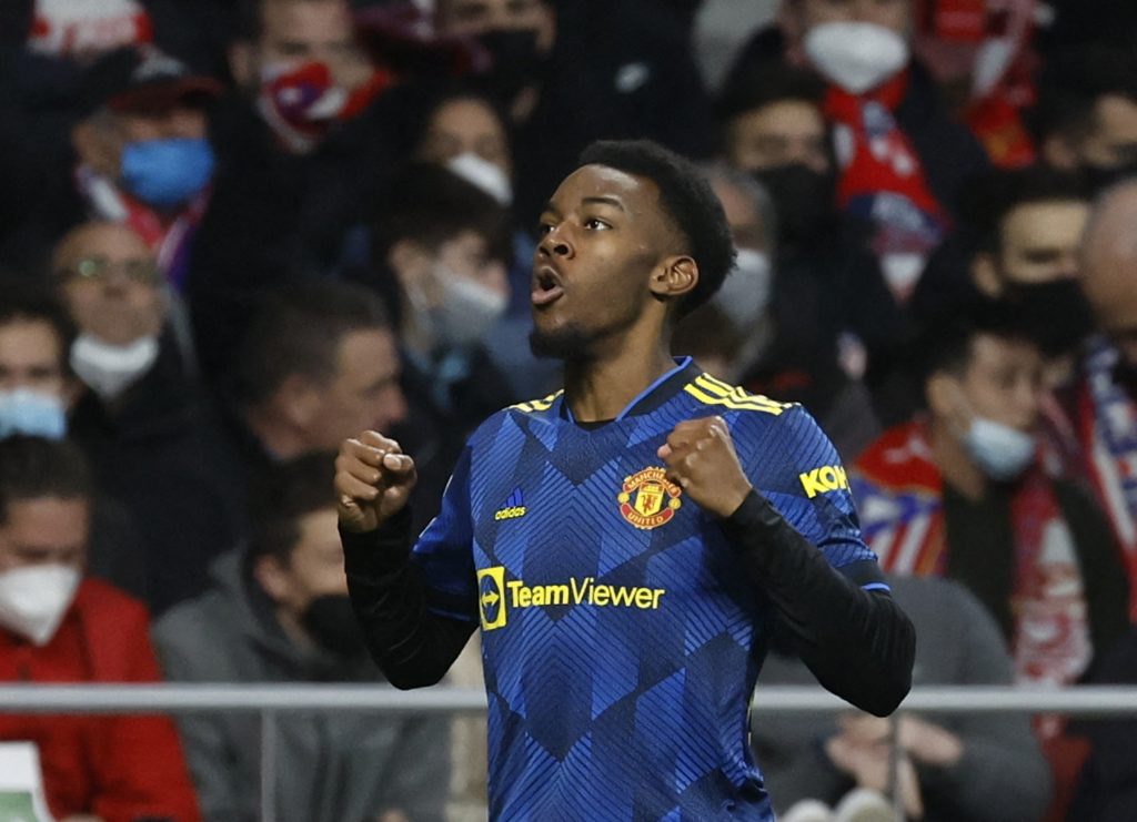 Manchester United's Anthony Elanga celebrates scoring their first goal.