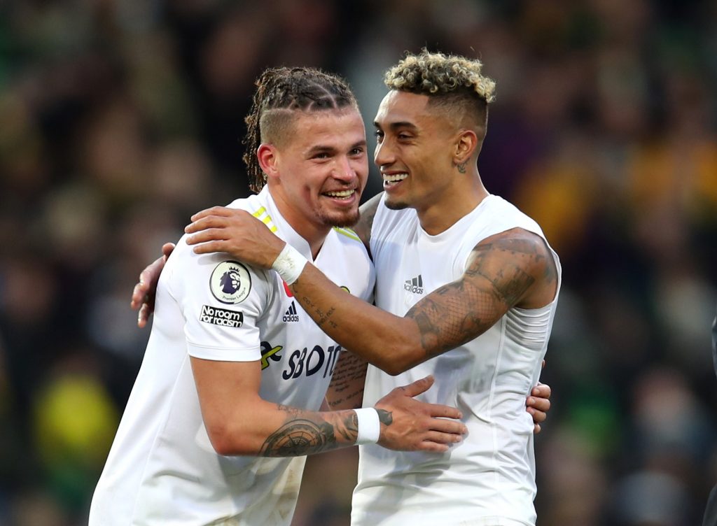 Leeds United's Kalvin Phillips and Raphinha celebrate after the match.