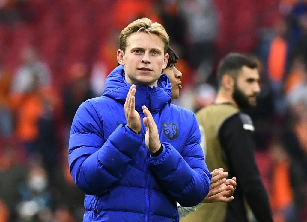 Netherlands' Frenkie de Jong applauds fans after the match.