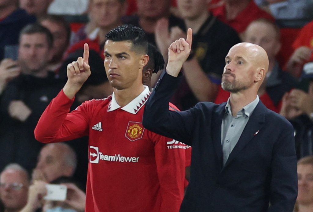 Manchester United's Cristiano Ronaldo with manager Erik ten Hag before coming on as a substitute.