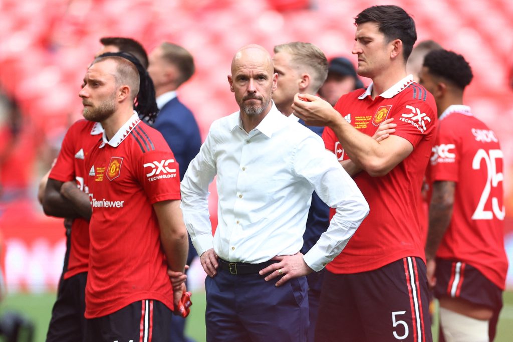 Manchester United manager Erik ten Hag with Harry Maguire and Christian Eriksen.