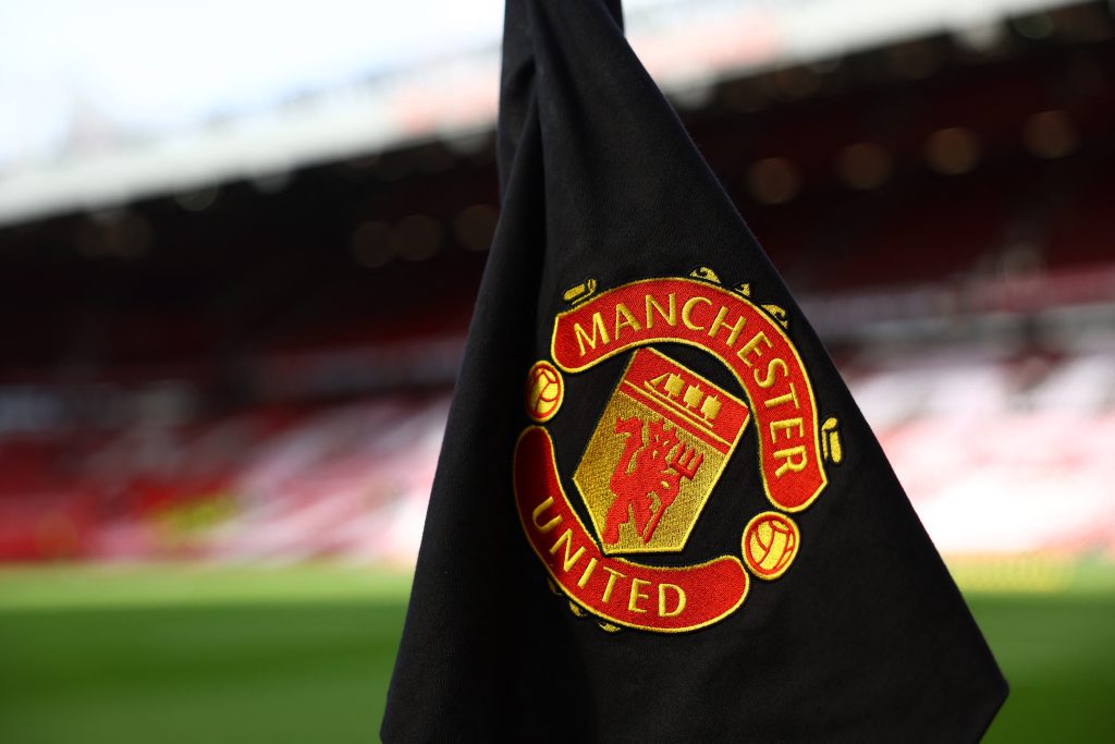 General view of a Manchester United corner flag inside the stadium before their match against Manchester City.