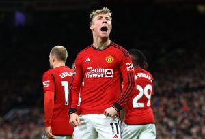 Manchester United striker Rasmus Hojlund after his goal against Tottenham Hotspur.